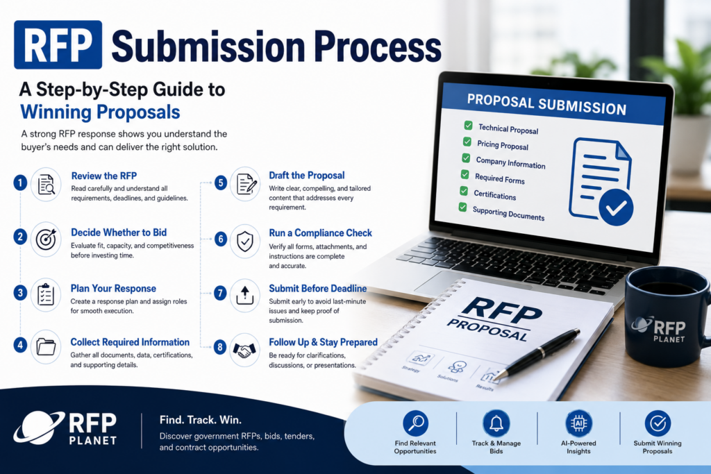 RFP Submission Process infographic showing the key steps to prepare, review, and submit a winning proposal for government and private contracts.